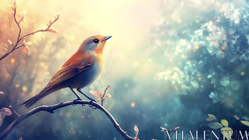 Dreamy Songbird on Branch in Pastel Nature Art Style.