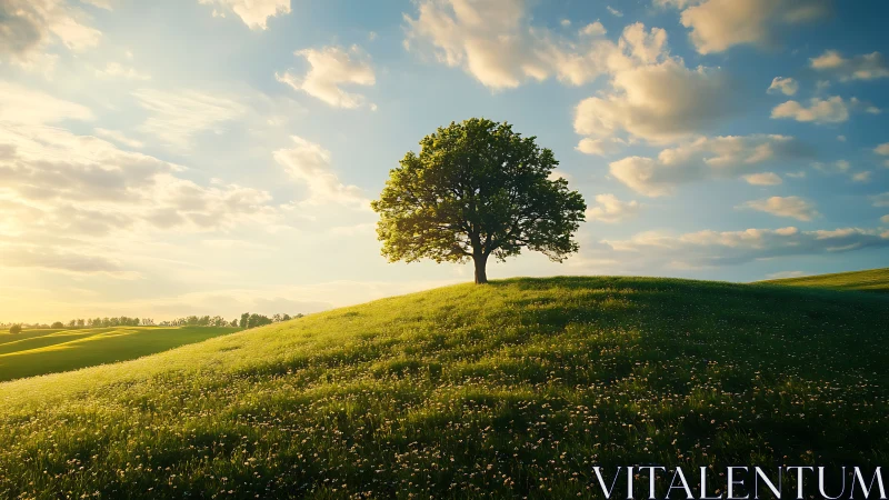 Lone Tree on Green Hill Under Dramatic Sky, Natural Landscape.