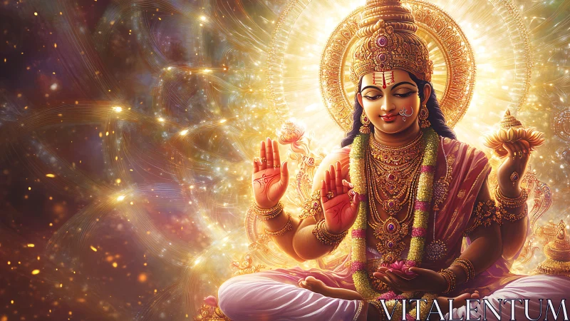 Digital painting of radiant goddess in symmetrical golden mandala field.