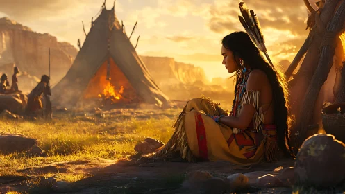 Woman in traditional dress sits by tipi at sunset