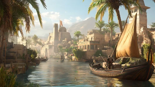 Sunlit ancient river port with sailboats and stone temples