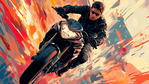 High-speed rider diving through bold streaks of vibrant color.