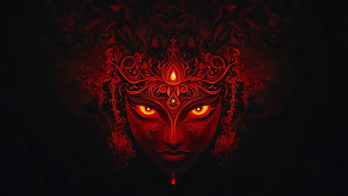 Fiery ornamental demon mask with glowing eyes in darkness.