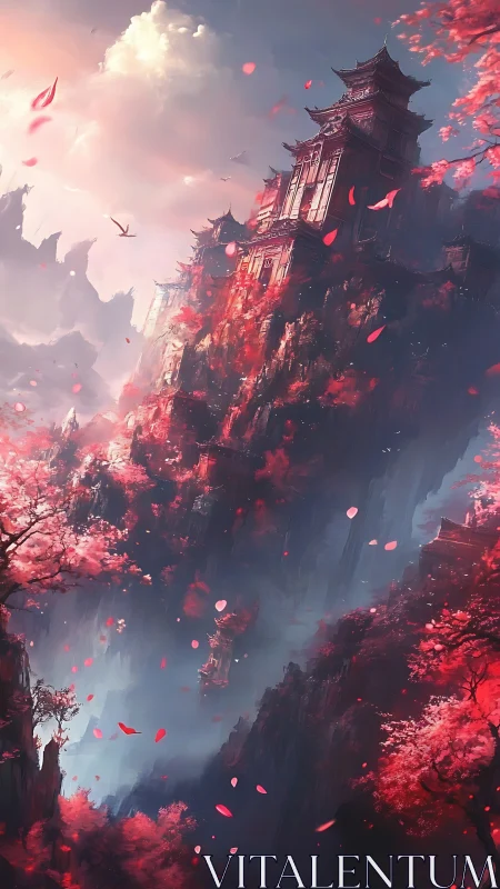 Dreamy cliffside temples wrapped in drifting cherry petals.
