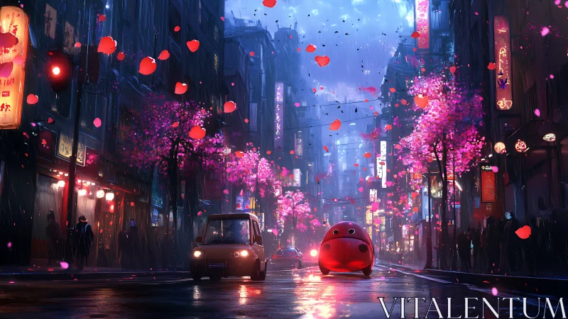 Cyberpunk cherry-blossom boulevard with rain-lit perspective.