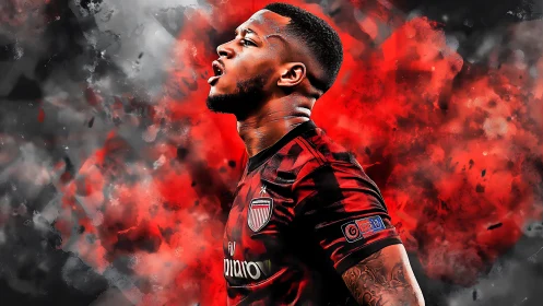 Digital portrait of footballer in red and black kit.