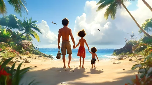 Father and children holding hands on pristine beach with tropical vegetation