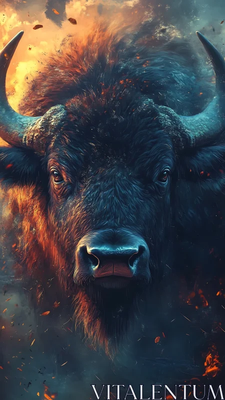 Buffalo head portrait in dual toned fire and smoke field.