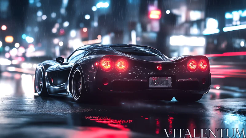 Sleek black supercar on wet neon city street at night.