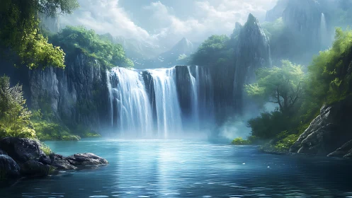 Gentle waterfalls pour into a misty blue lagoon sanctuary