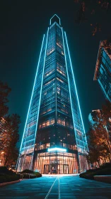 Illuminated glass skyscraper stands centered in night streetscape