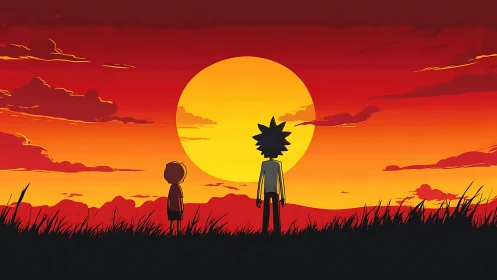 Cinematic anime sunset with silhouetted duo in frontal profile.