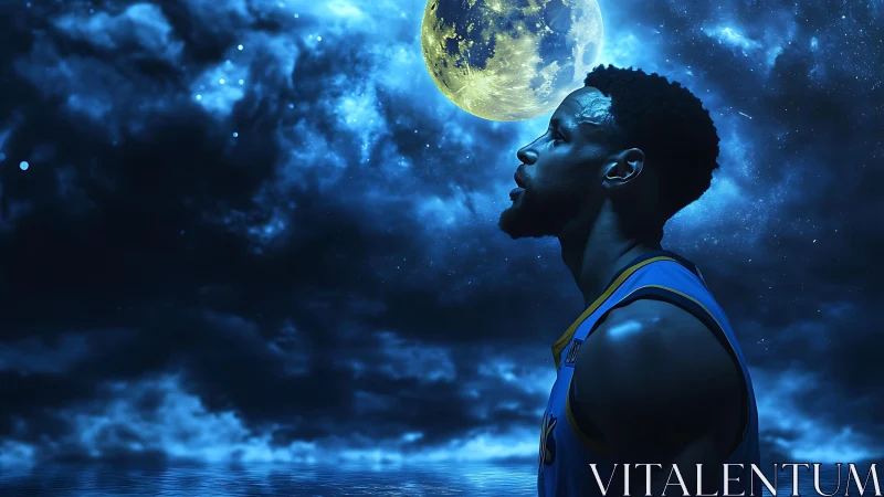 Basketball player profile beneath large moonlit night sky.