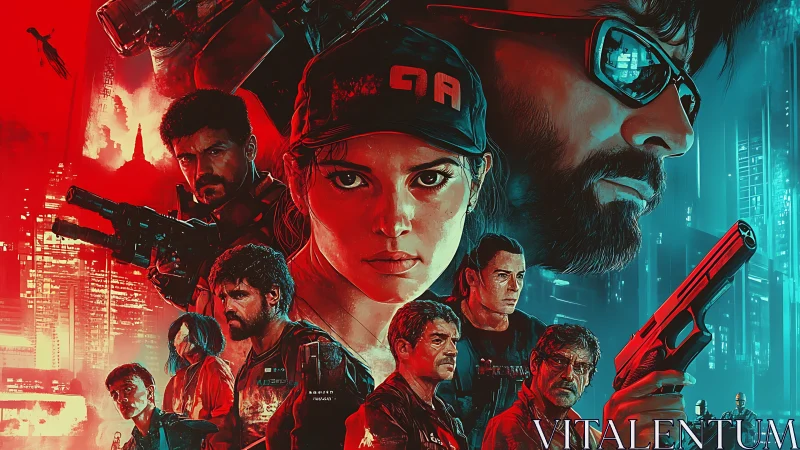 Collage of armed characters set in divided red blue cityscape