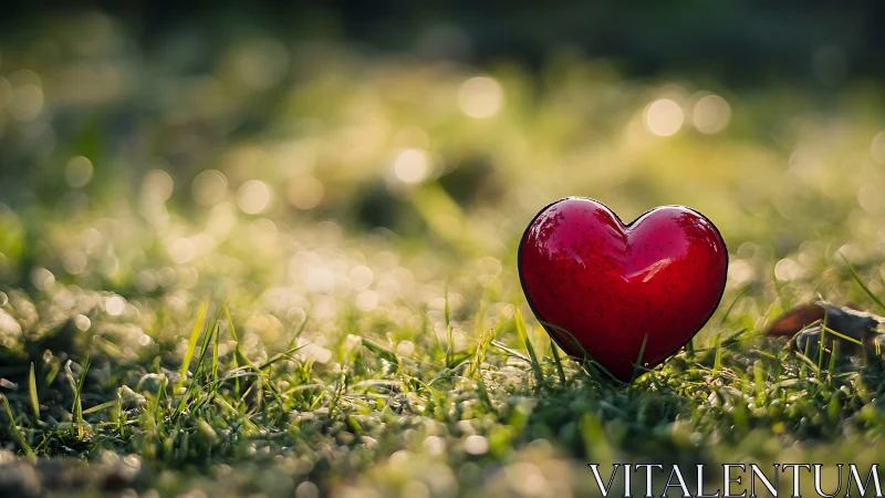 Crimson Heart Rests on Verdant Grass with Bokeh Background.