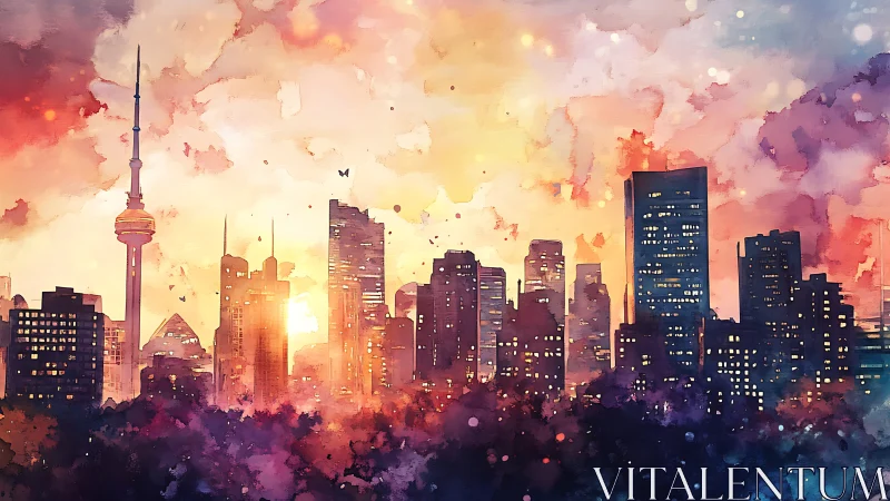 Watercolor urban skyline under diffuse sunset light period.