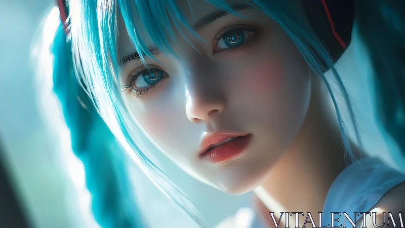 Soft blue haired girl gazes warmly with bright, clear eyes