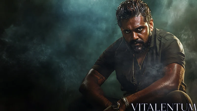 Bearded man in dark clothing posed amid dense smoke haze.