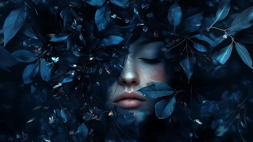 Midnight muse entwined in luminous sapphire foliage.