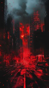 Burning futuristic city street glows under storm clouds