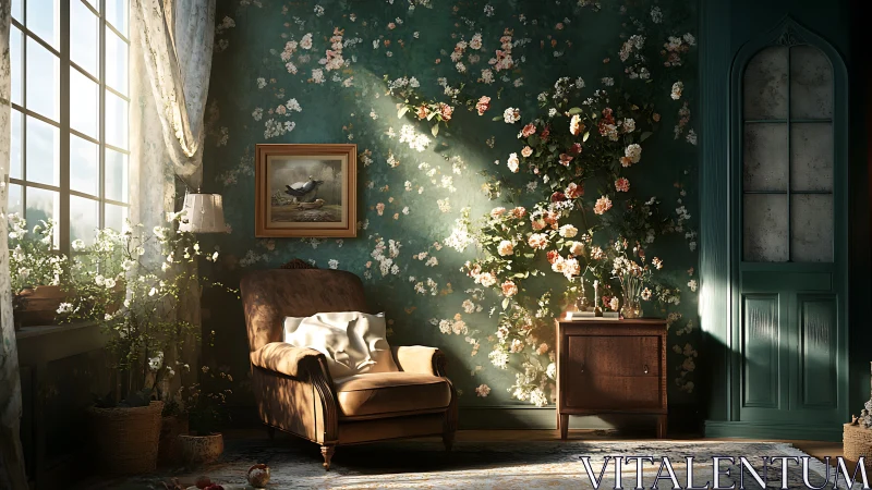 Sunlit floral sitting room with vintage armchair and cabinet.