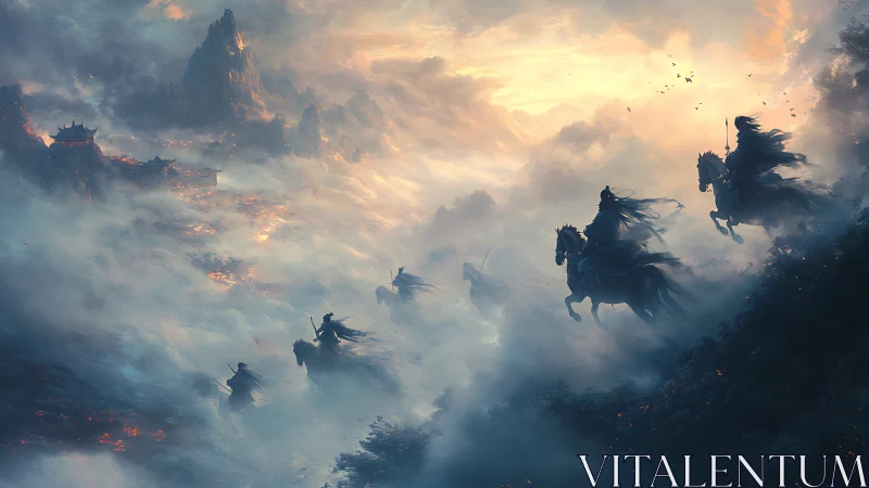 Ghostly riders storm a mist-drenched mountain battlefield at dawn