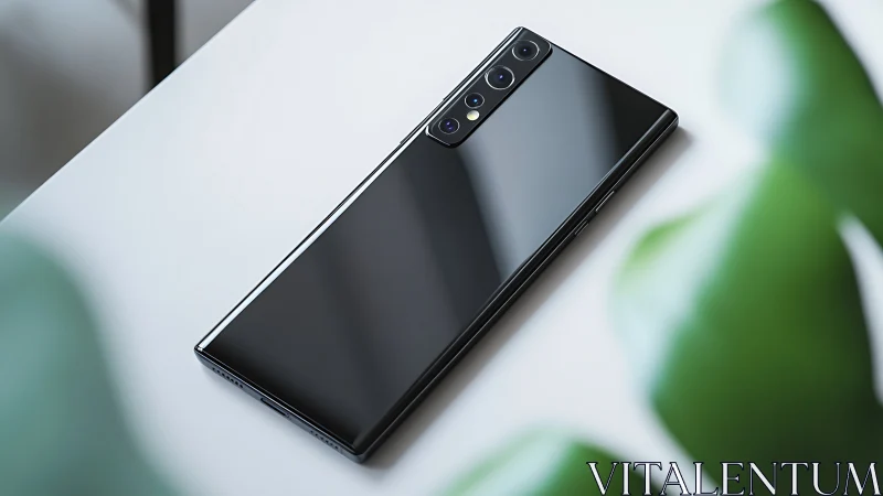 Black smartphone with quad camera array displayed on white surface