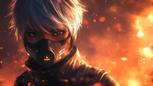 Masked fireborn sentinel stares through a storm of embers.