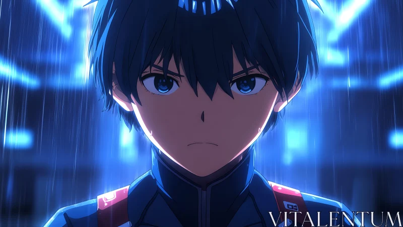 Determined anime pilot stands under neon rain in blue light