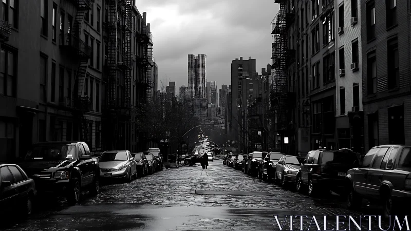 Urban street recedes toward distant high-rise skyline