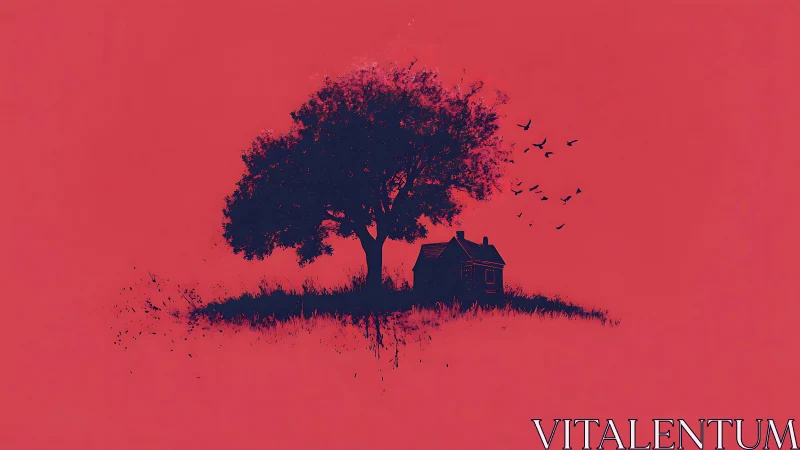 Midnight tree cradles a lonely cottage on crimson silence