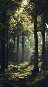 Ancient Forest Cathedral: Luminous Canopy Pathway Through Towering Timber.