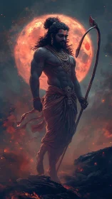 Mythic warrior figure before a large red lunar backdrop.