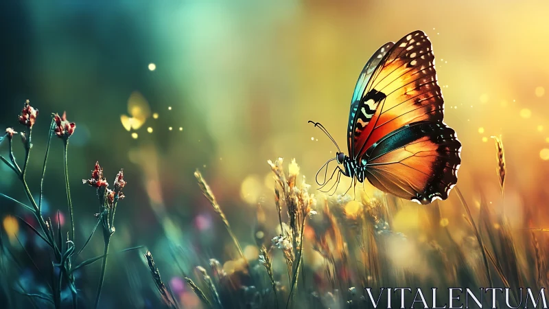 Butterfly on wildflowers in shallow depth of field field scene.