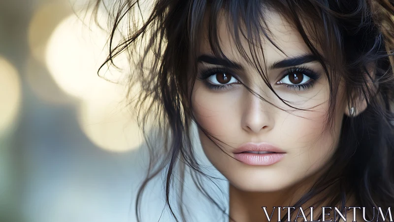Photorealistic portrait with intense brown eyes and soft bokeh.
