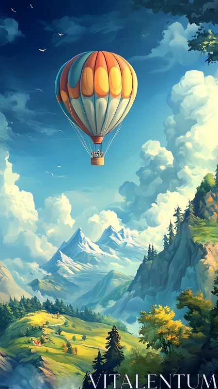 Hot air balloon drifts above sunlit alpine valley