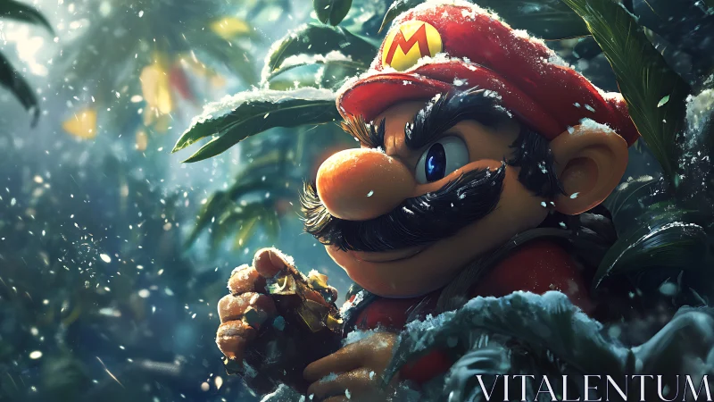 Heroic mustached explorer pushes through a snowy jungle