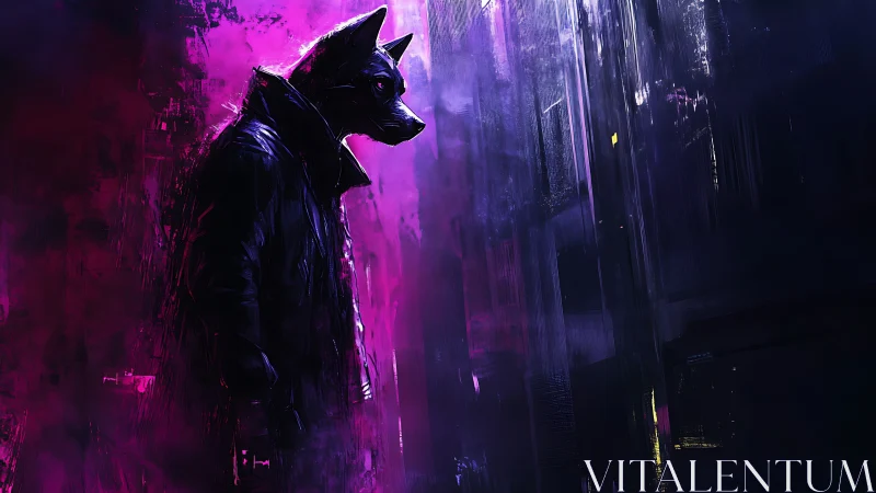 Anthropomorphic canine detective in neon-soaked cyber alleyway