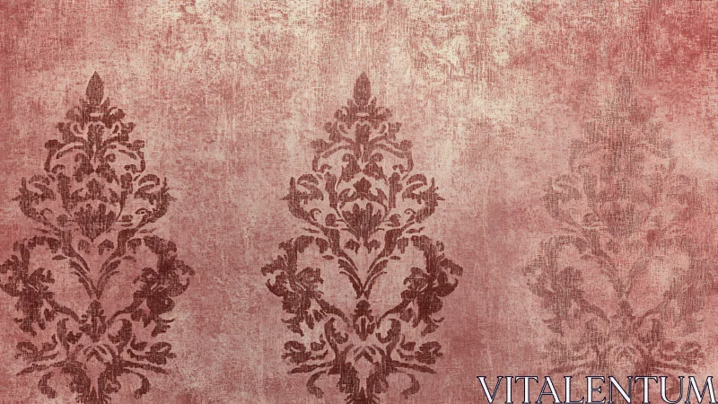 Vintage damask floral pattern repeats on worn red surface