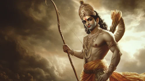 Warrior deity holds ornate bow under stormlit sky