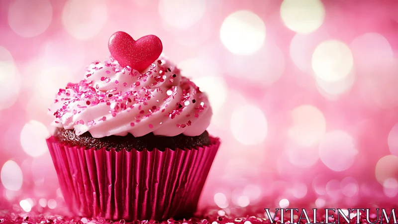 Pink frosted chocolate cupcake with heart-topped sparkle garnish.