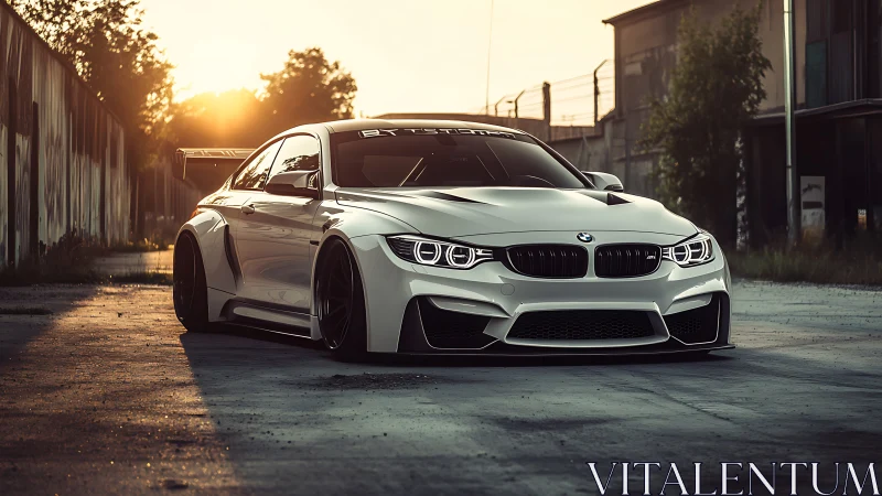 Photorealistic widebody coupe at sunset in industrial alleyway.