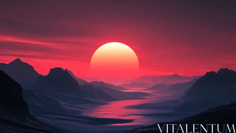 Vast alien mountains under huge glowing crimson sun.