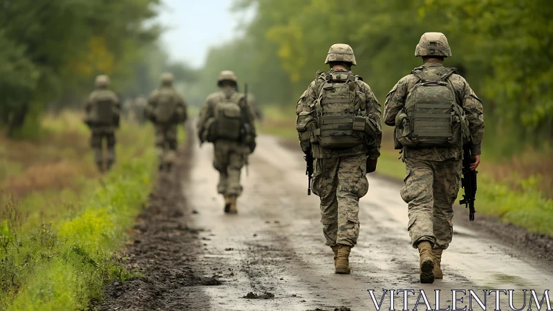Soldiers march along a muddy forest road in soft daylight