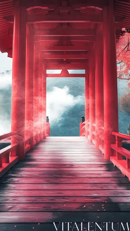 Crimson mountain torii bridge opens into misty tranquility
