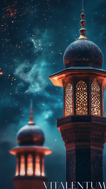 Illuminated mosque tower with patterned dome at night sky.
