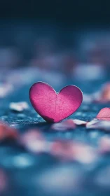 Pink Heart-Shaped Leaf on Wet Blue Surface with Shallow Depth