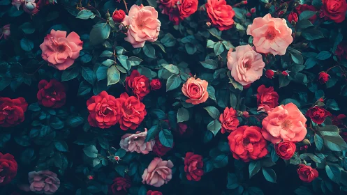 Rose garden with varied bloom states and teal foliage backdrop.