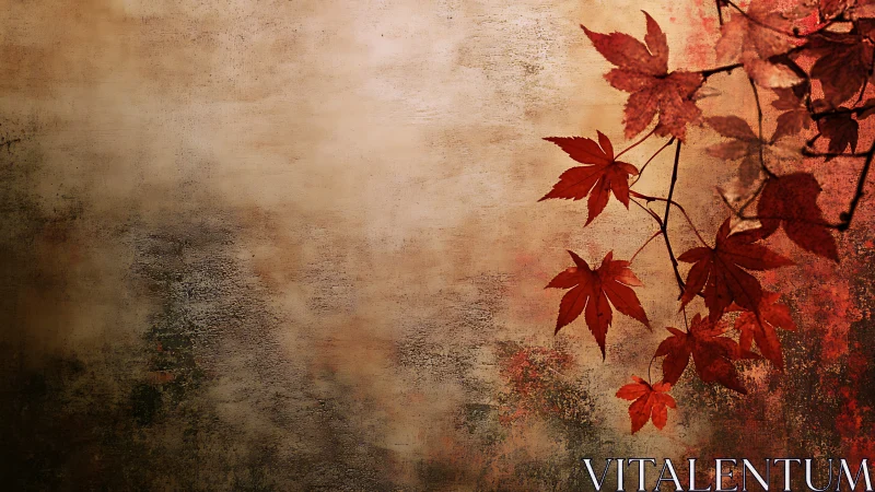 Red maple leaves hang against textured tan and brown wall