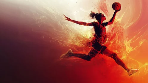 Dynamic female basketball dunk rendered with fiery motion trails